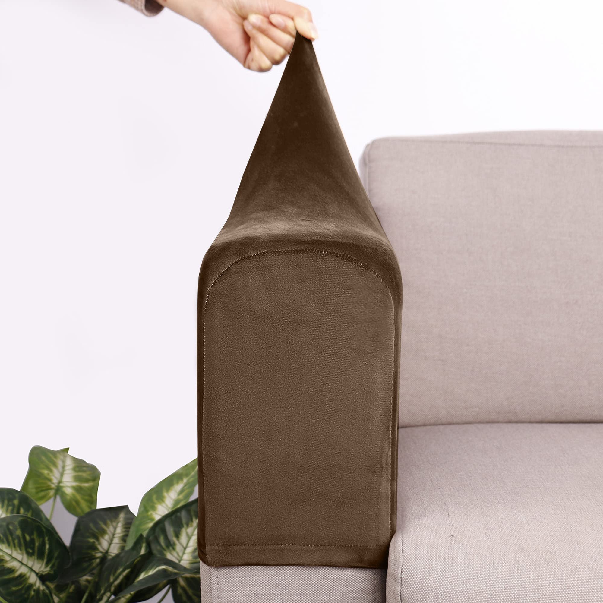 Set of 2 Spandex Armrest Covers Anti-Slip Couch Arm Covers Thick Velvet Armchair Slipcovers Removable Armchair Covers for Sofas Recliner Chairs Office,Khaki
