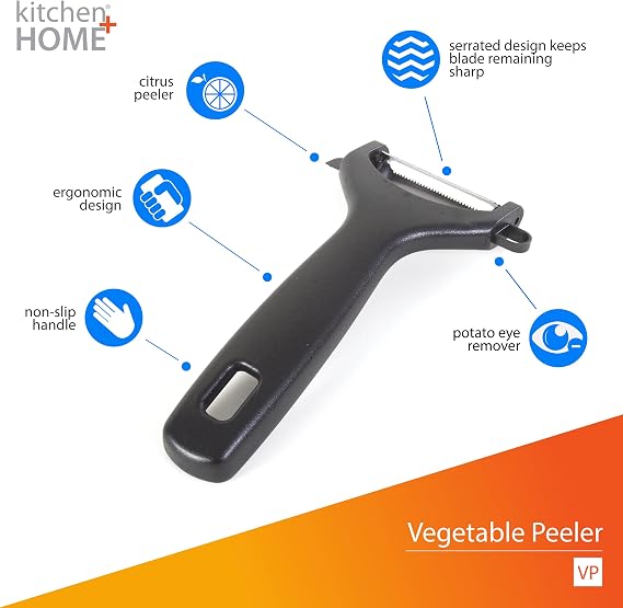Kitchen + Home Vegetable Peeler Serrated Swivel Peeler with built in Potato Eye Remover and Orange Peeler