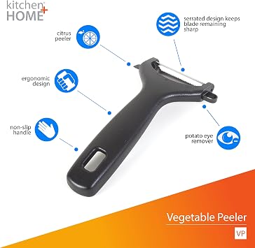 Kitchen + Home Vegetable Peeler Serrated Swivel Peeler with built in Potato Eye Remover and Orange Peeler
