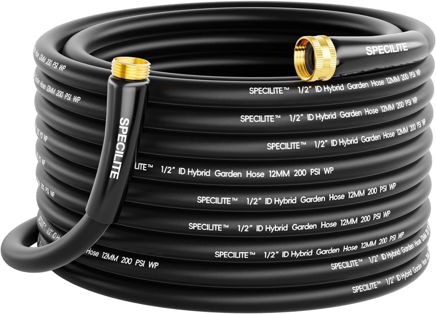 SPECILITE Lightweight Garden Hose 50 Ft, Flexible Water Hose 1/2 IN, Hybrid Rubber Hose with 3/4" Brass Swivel Fittings, Burst 600 PSI, Non-Expandable Pipe For Car, Yard, Outdoor, Lawn