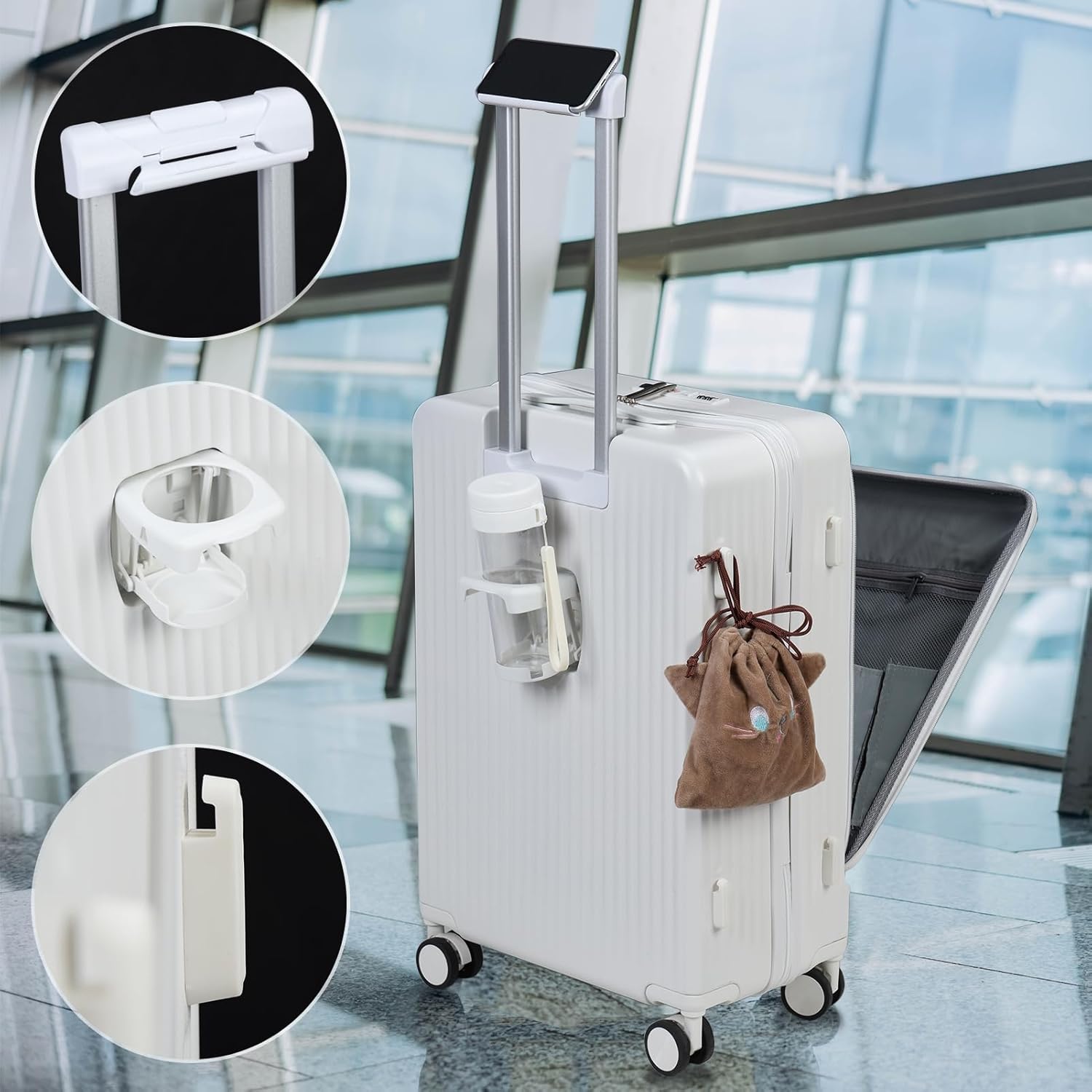 24in Aluminium Frame Hardside Expandable Spinner Wheel Luggage, Front Open Carry on Luggage, Built-in lock Carry on Suitcase, with Cup Holder & USB Type-C Charging Port & Phone Stand White
