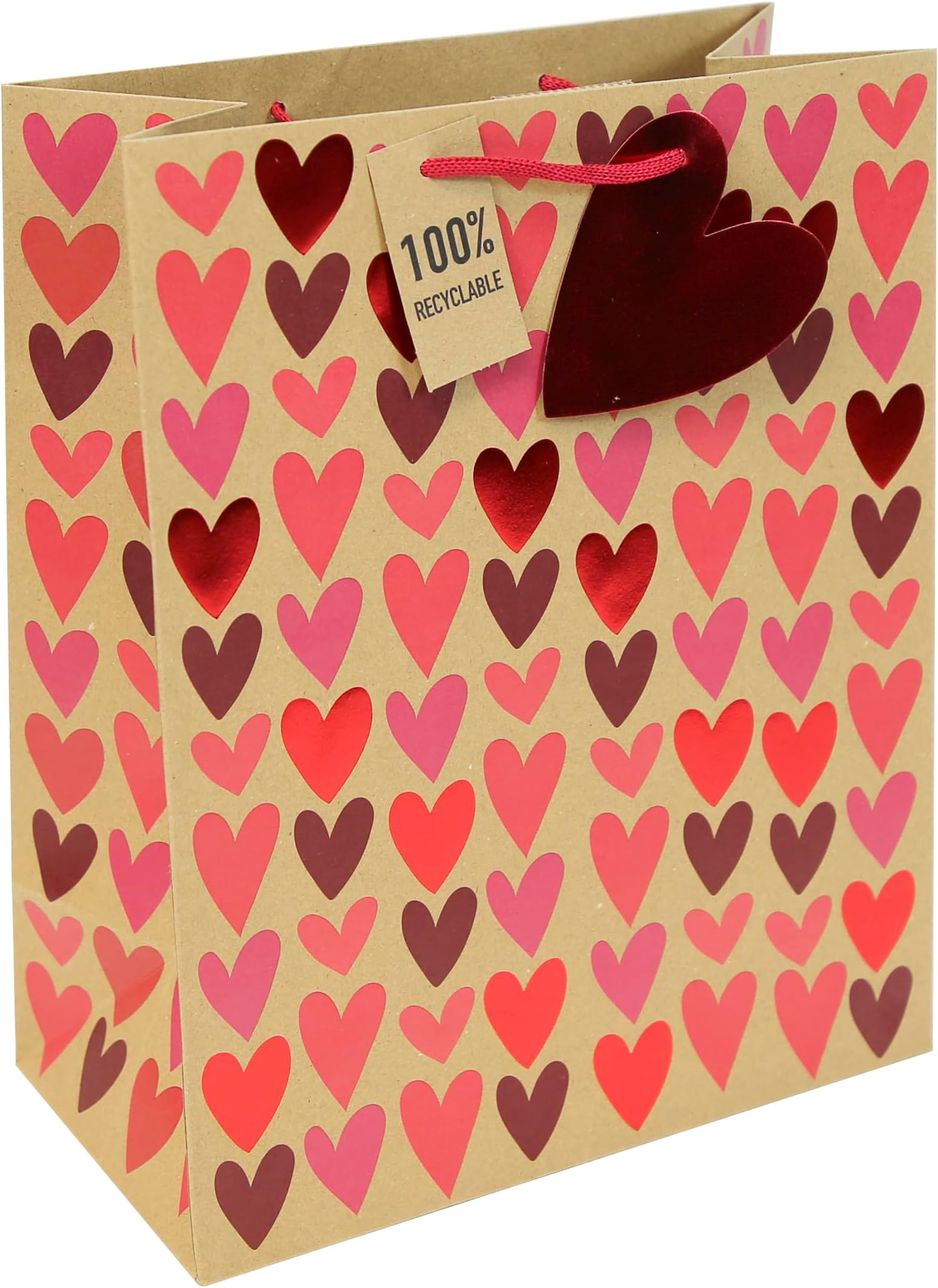 Eurowrap Red and Pink Hearts Valentines Day Brown Kraft Paper Gift Bag - Made from 100% Recycled Paper Love Special with Gift Tag Large Size - Heart Gift Bag