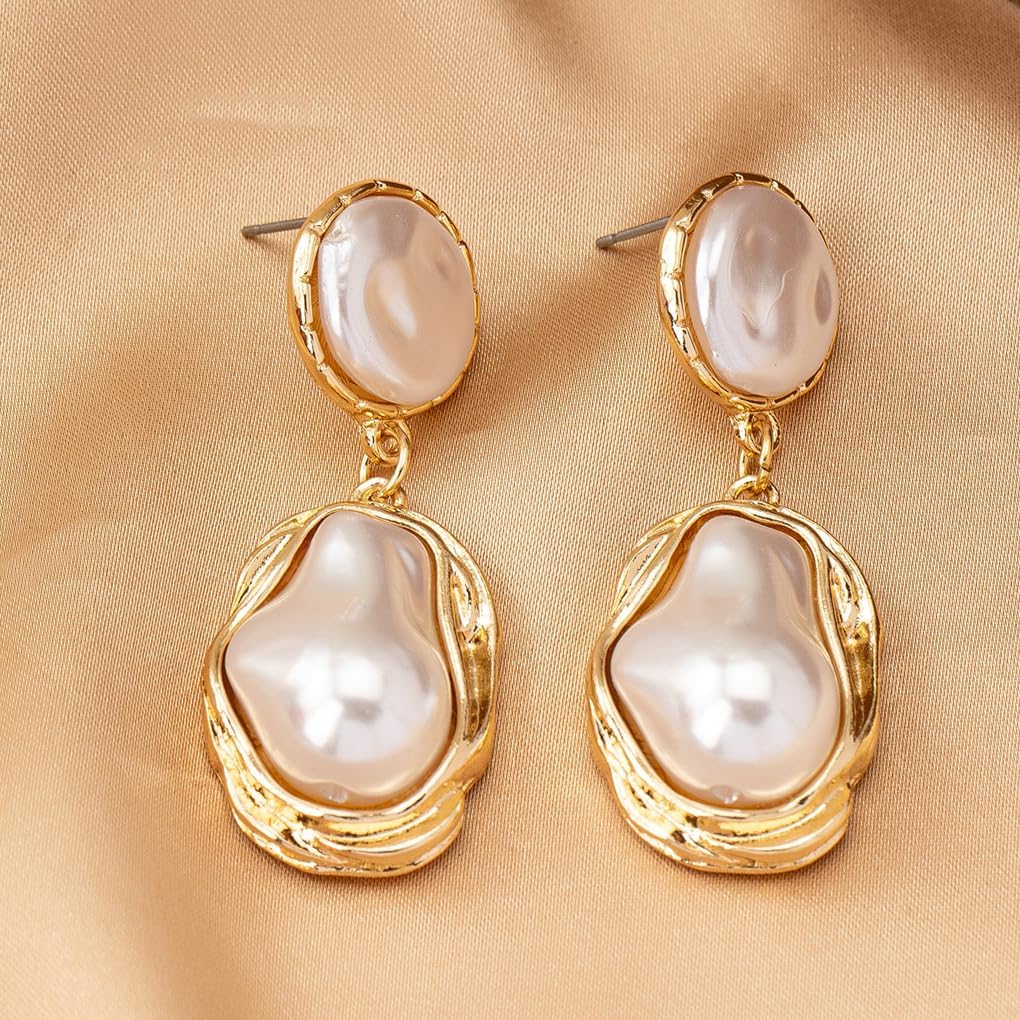 Chunky Gold Baroque Pearl Dangle Earrings for Women Vintage Pearl Statement Drop Earrings Statement Irregular Pearls Dangling Earring Jewelry Gifts - Image 7