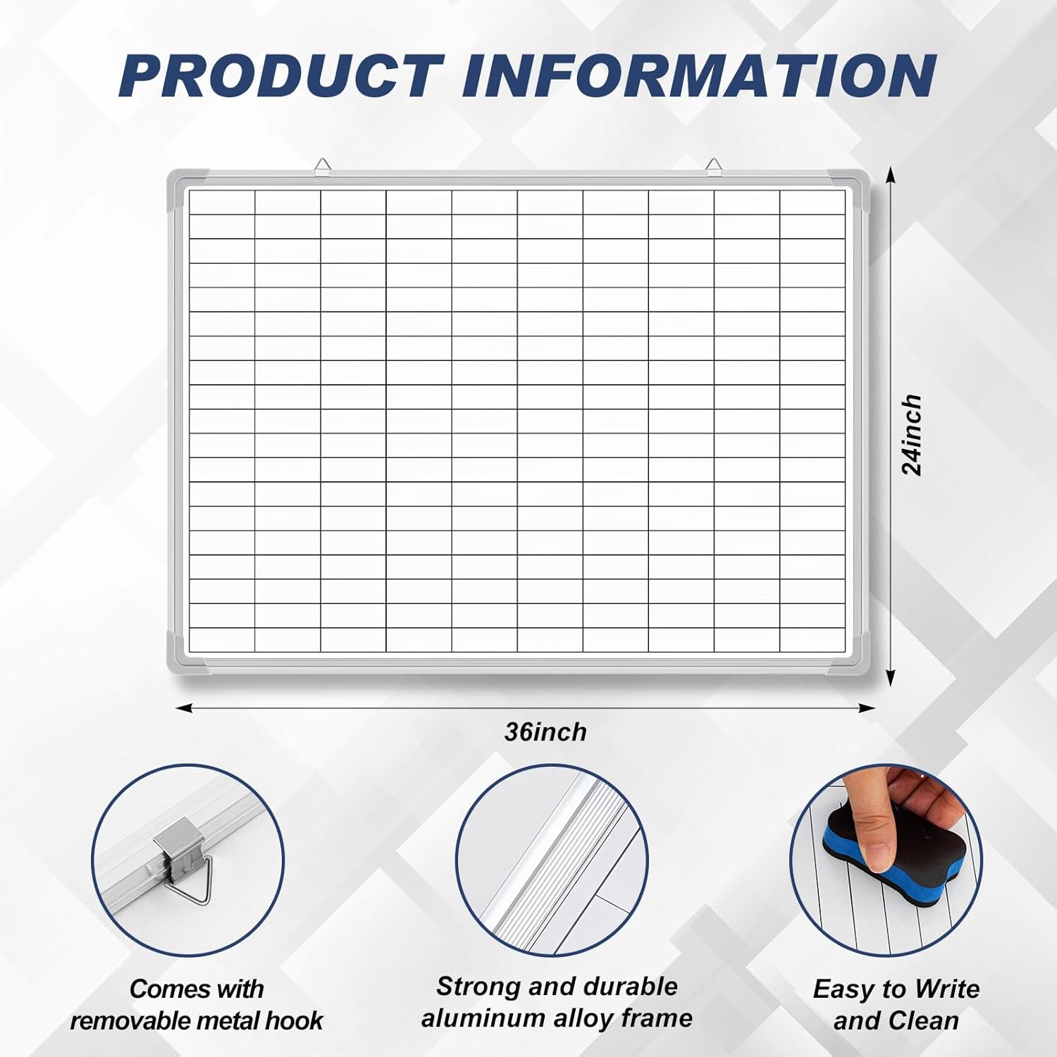 lined whiteboard blank grid aluminum frame dry erase board reusable wall mounted board for scheduling, to do lists weekly planning home work(36 x 24 inch,whiteboard with grid) whiteboard with grid 24"w x 1.4"h