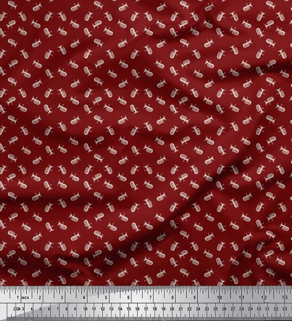 Soimoi Poly Georgette Red Fabric - by The Yard - 52 Inch Wide - Tuba Musical Instruments Shirting - Musical Harmony with Tuba Instrument Prints Printed Fabric