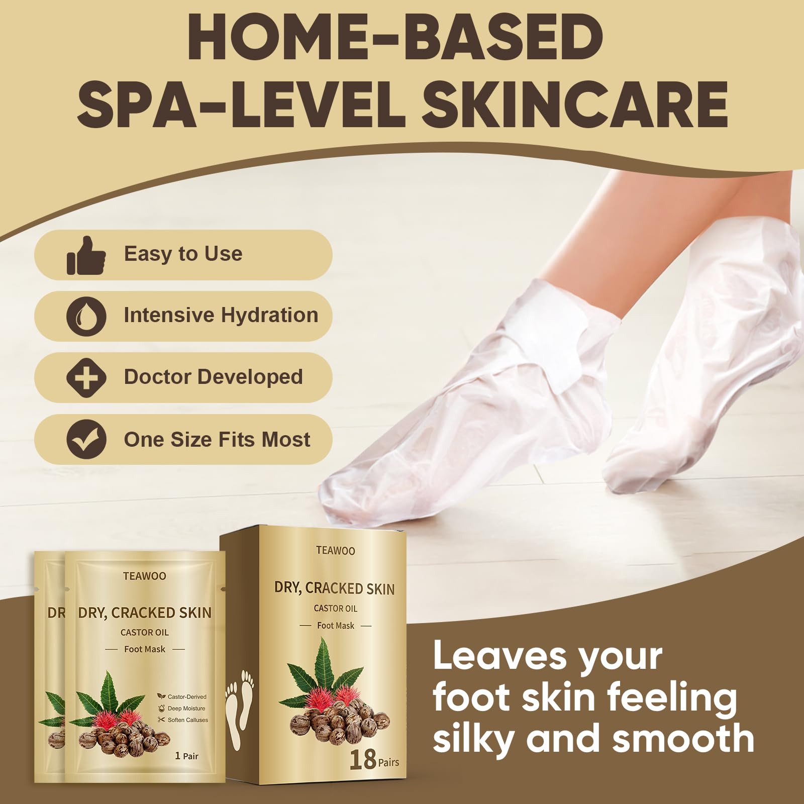 TEAWOO 6 Pairs Moisturizing Foot Masks with Shea Butter, Jojoba Oil, Vitamin E & Urea, 6 Pairs Intensely Hydrating Foot Mask For Dry Cracked Feet, Moisturizing Socks for Cracked Heel Treatment: 18 Pack Castor Oil