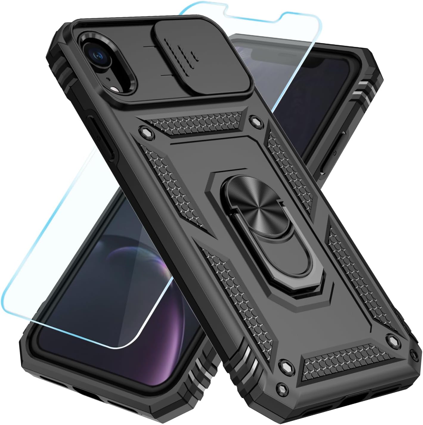 SunStory Compatible with iPhone XR Case with HD Screen Protector & Slide Camera Cover & Rotated Ring Kickstand, [Military-Grade] Phone Case for iPhone XR (Black)