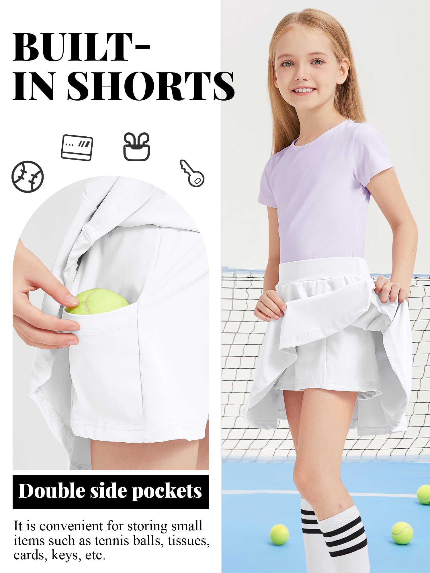 Falda para niñas Falda de Tenis para niños con Pantalones Cortos Cintura elástica Una línea Falda Escolar elástica
