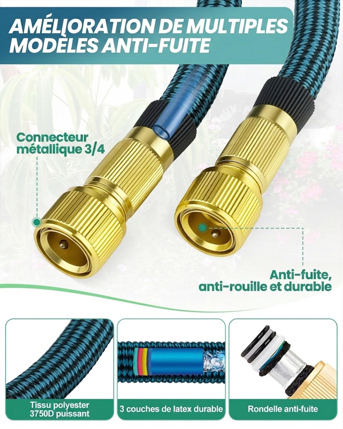 Tuyau Arrosage Extensible 15M/50FT, Tuyau Flexible Anti-Pliage Avec Pistolet À Pulvériser 10 Fonctions, Raccords En Laiton 3/4" Et 1/2", Tuyau Jardin Léger Pour Arrosage, Lavage Et Entretien