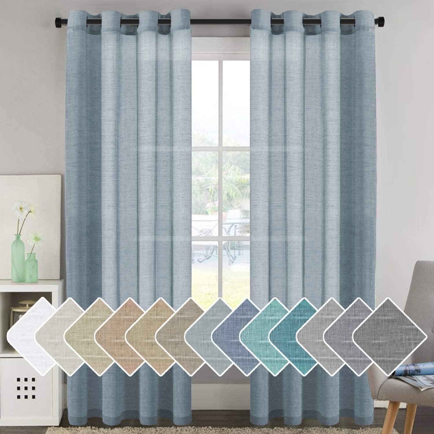 H.VERSAILTEX Linen Curtains Flax Linen Blended Curtain Panels for Living Room/Bedroom Semi Sheer Privacy Curtains 96 inch Length 2 Panels Set Nickel Grommet Window Drapes - Denim Denim 52"W x 96"L (Pack of 2)