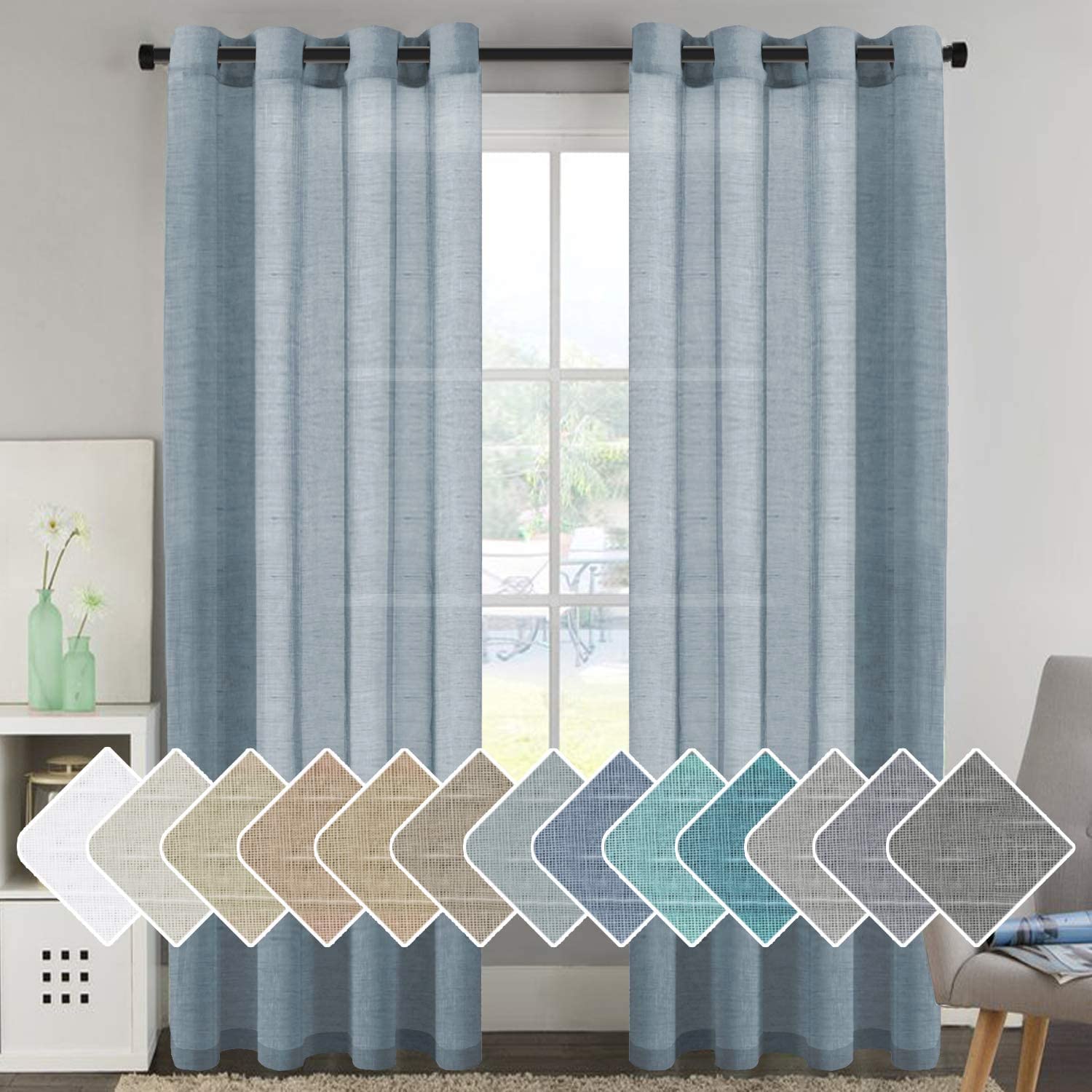 H.VERSAILTEX Natural Linen Blended Window Curtain Panels - Light Filtering Linen Sheer Curtains Nickel Grommet for Hall/Parlor/Guest Suite (Set of 2, 52" W x 96" L - Denim)