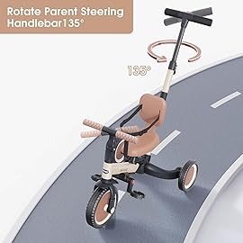 newyoo Toddler Tricycle with Push Handle for 1-3 Year Old, Toddler Bike, Birthday Gift and Toy for Boys and Girls, 5 in 1 Kids Trike, Balance Bike with Backrest and Safety Belt, Khaki, TR007