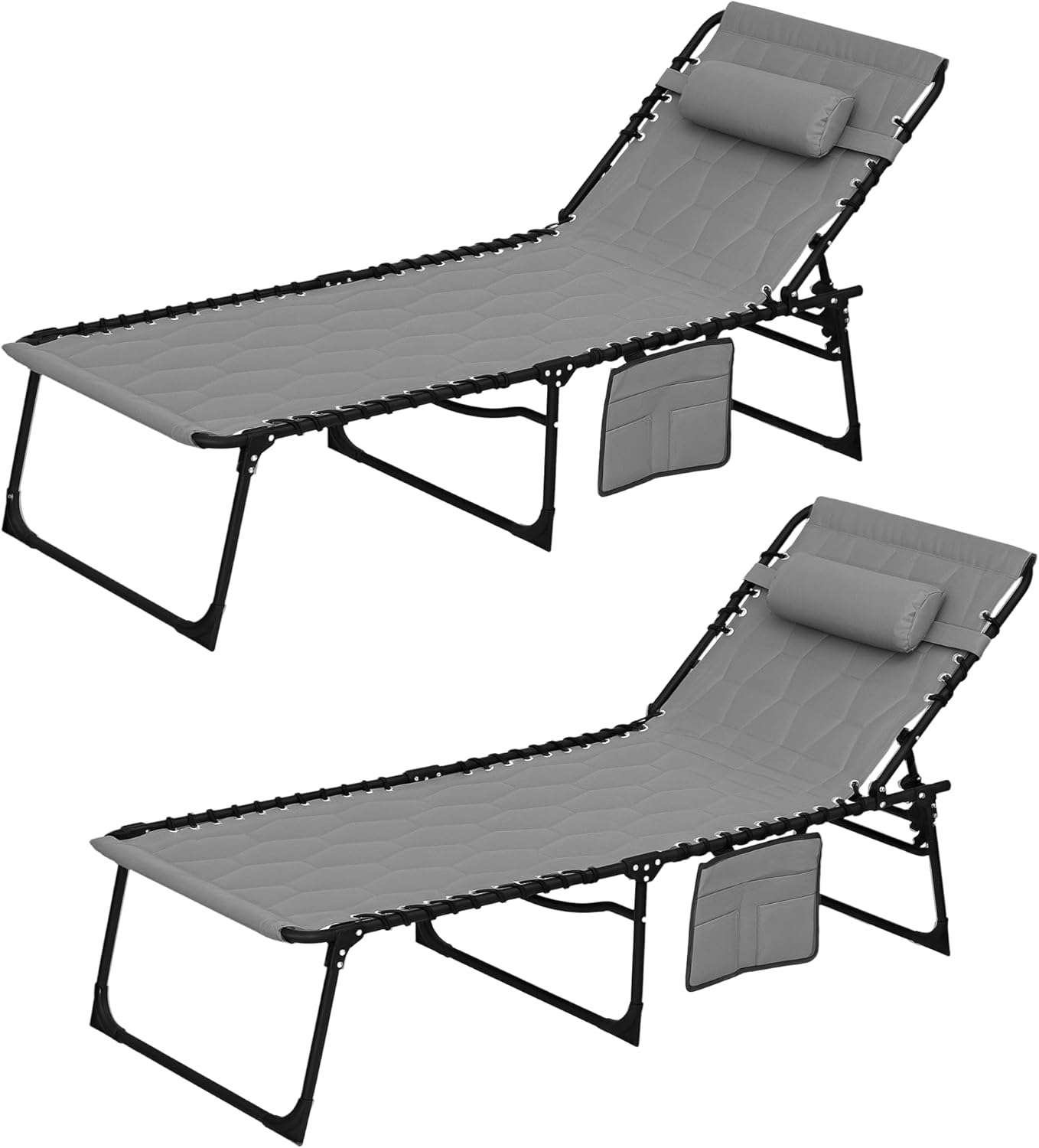 Outsunny Padded Folding Chaise Lounge Chair Outdoor Set of 2, 5-Level Reclining Patio Loungers, Tanning Chairs with Side Pocket, Headrest and Carrying Handle for Beach, Yard, Patio, Gray