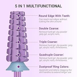 MelodySusie Super Cut Edition 5 in 1 Nail Drill Bits, 3/32\'\' Carbide Tungsten Multi-function Bits, Suitable for Manicure Pedicure Cuticle Gel Polishing, Purple, Series Bit-M, Quadruple Coarse