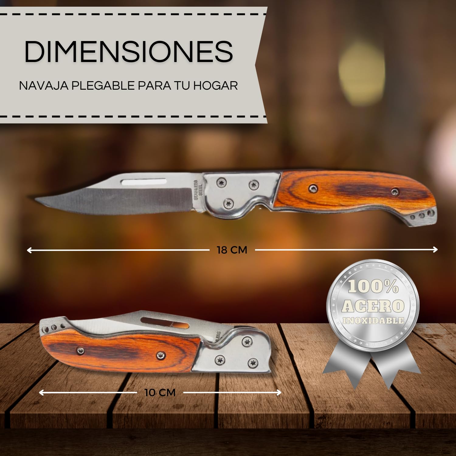Navaja Pequeña con Cuchillo Plegable de Acero Inoxidable y Mango de Madera, Liviana y Compacta Navaja Española de Bolsillo o Llavero para Camping, Supervivencia, Trabajo, Caza, Pesca, Montaña