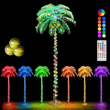 6FT Light up Palm Trees Outdoor with Remote, RGB | 35 Colors Changing Lighted Artificial Fake Palm Tree with Coconuts for Pool Hawaiian Tiki Bar Beach Patio Decorations, Plug