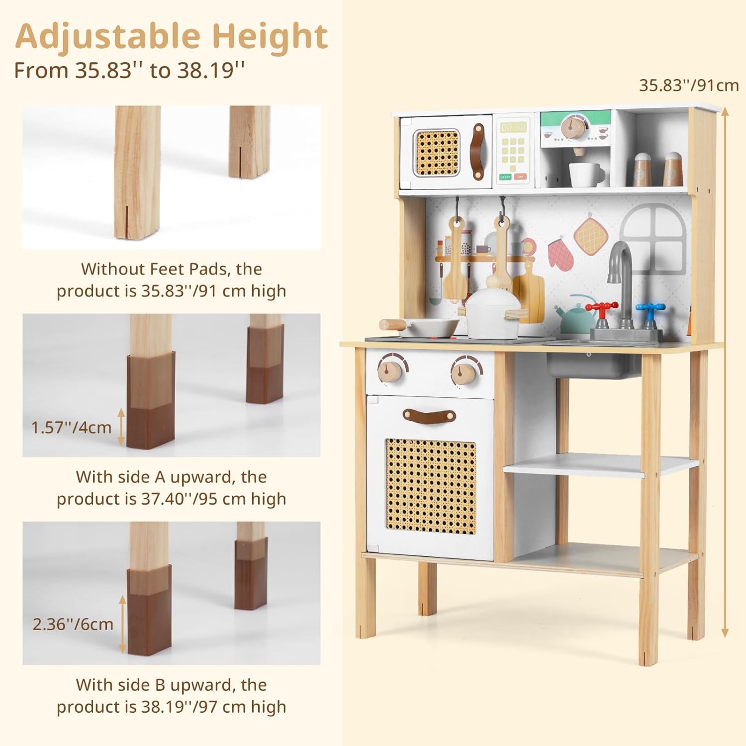 INFANS Play Kitchen for Kids, Wooden Pretend Playset with Adjustable Heights Rattan Door Blackboard Realistic Lights Sounds, Toddler Cooking Toy Gift for Boys Girls Aged 3+