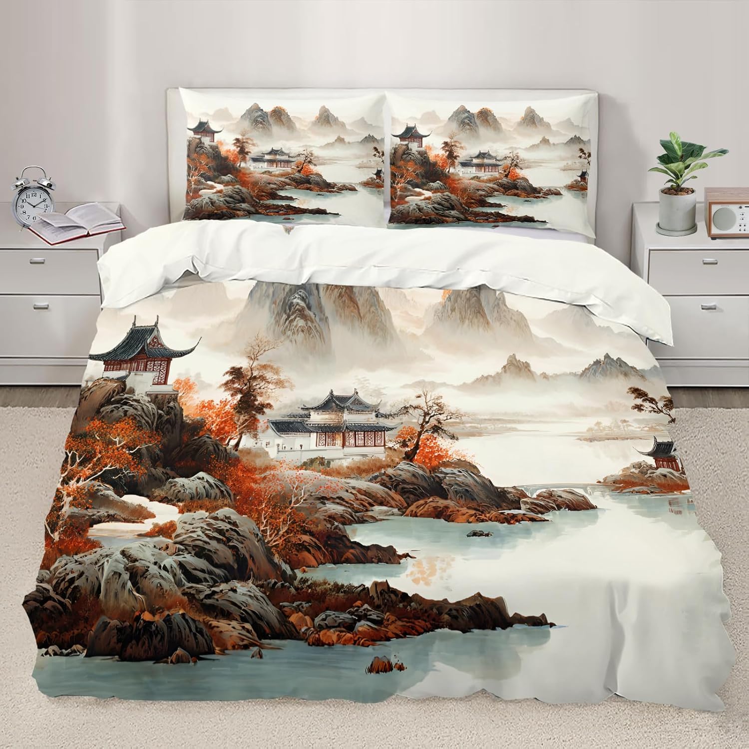 Komplet pościeli 220x240 dla dorosłych styl chiński poszwa na kołdrę 2 osoby z zamkiem błyskawicznym i 2 poszewkami na poduszki 65x65 cm - Miękka oddychająca poszwa na kołdrę z mikrofibry