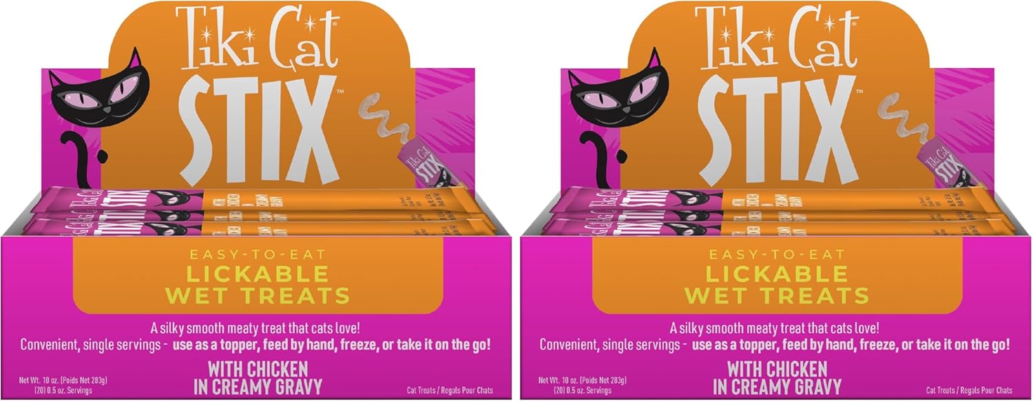 Tiki Cat Stix Mousse Treats,Single Serve Indulgent Lickable Treat or Dry Food Topper,with Chicken in Creamy Gravy,0.5 oz. Servings,(Pack of 40)