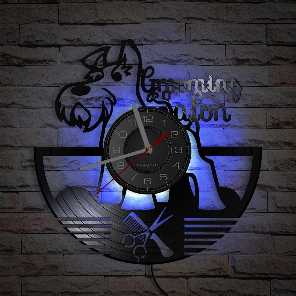 Smotly With Light Vinyl Wall Clock, Pet Grooming Salon Design Modern With 7 Colors Led Night Light Decorative Silent Wall Clock Gift For Pet Lovers. (With Light)