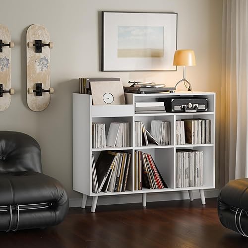 Miniatura 3 de Cozy Castle Soporte grande para tocadiscos, gabinete de almacenamiento de vinilo moderno de mediados de siglo, soporte para consola multimedia,