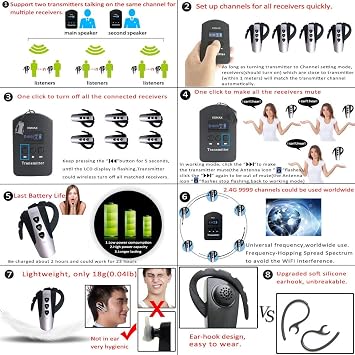 EXMAX 2.4G Wireless Audio Tour Guide System Whisper Microphone Voice Transmission Church Translator Interpreter Device Simultaneous Interpretation Assisted Listening Worship(1 Transmitter 1 Receiver)