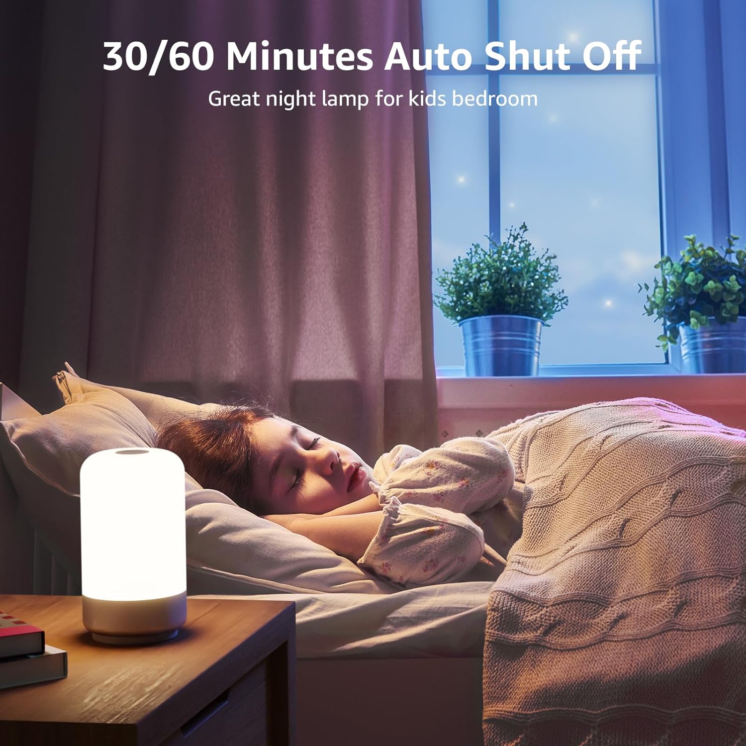 Image of a child sleeping in bed with the Lepro lamp on a nightstand, illustrating the 30/60 minute auto shut-off feature.