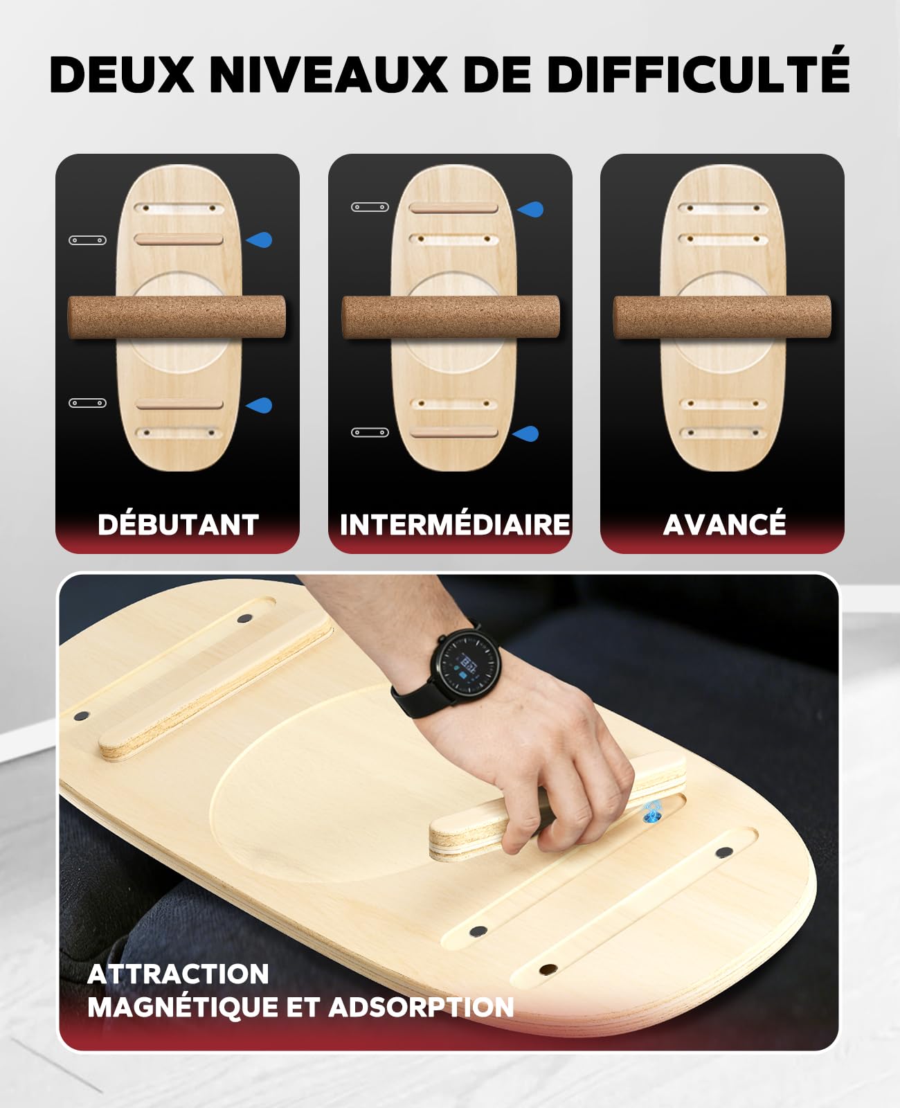 HAPBEAR Planche d'Équilibre Oscillante 6 Modes avec Butées Réglables,Planche d'Équilibre à Plusieurs Niveaux pour l'Entraînement Surf,la Concentration,le Contrôle de l'Équilibre et la Kinésithérapie