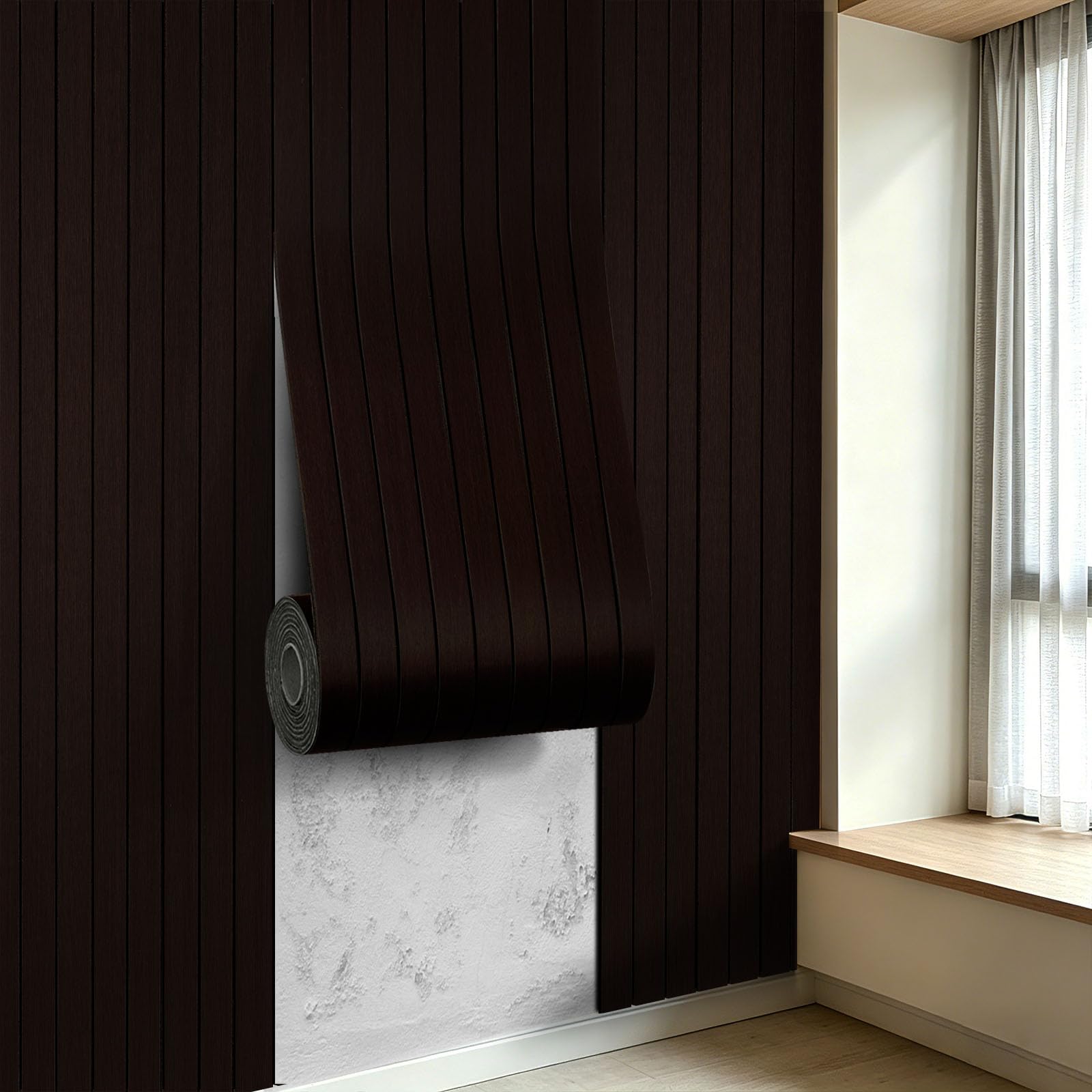 LOVADA 3D Peel and Stick Wall Panels PVC Grille Slat 120"x15.8" 310x40cm Self-Adhesive Wall Sticker Soundproof Paneling for Walls and Ceiling in Faux Brown Wood Grain Texture