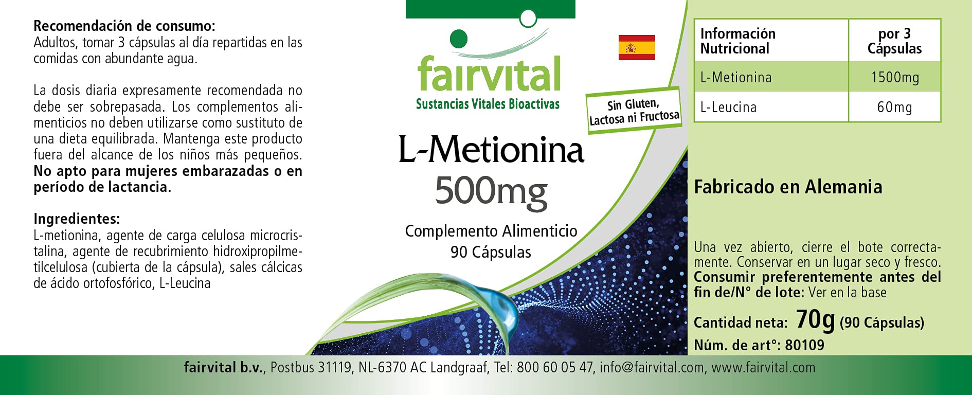 fairvital L-metionina 500 mg, 90 capsule, ALTO DOSAGGIO, VEGANO, aminoacido