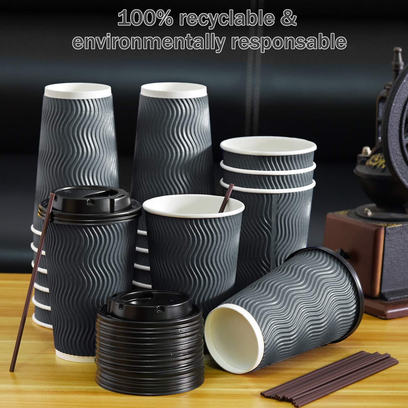 Disposable Coffee Cups with Lids and Straws - 16 oz (90 Set) Togo Hot Paper Coffee Cup with Lid To Go for Beverages Espresso Tea Insulated Reusable Cold Drinks Ripple Cups Protect Fingers From Heat - Image 5