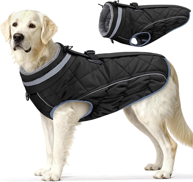 Casaco de inverno para cães com capuz alto, forro macio, proteção contra água, faixas refletivas e argolas para guia Yoochee Preto L