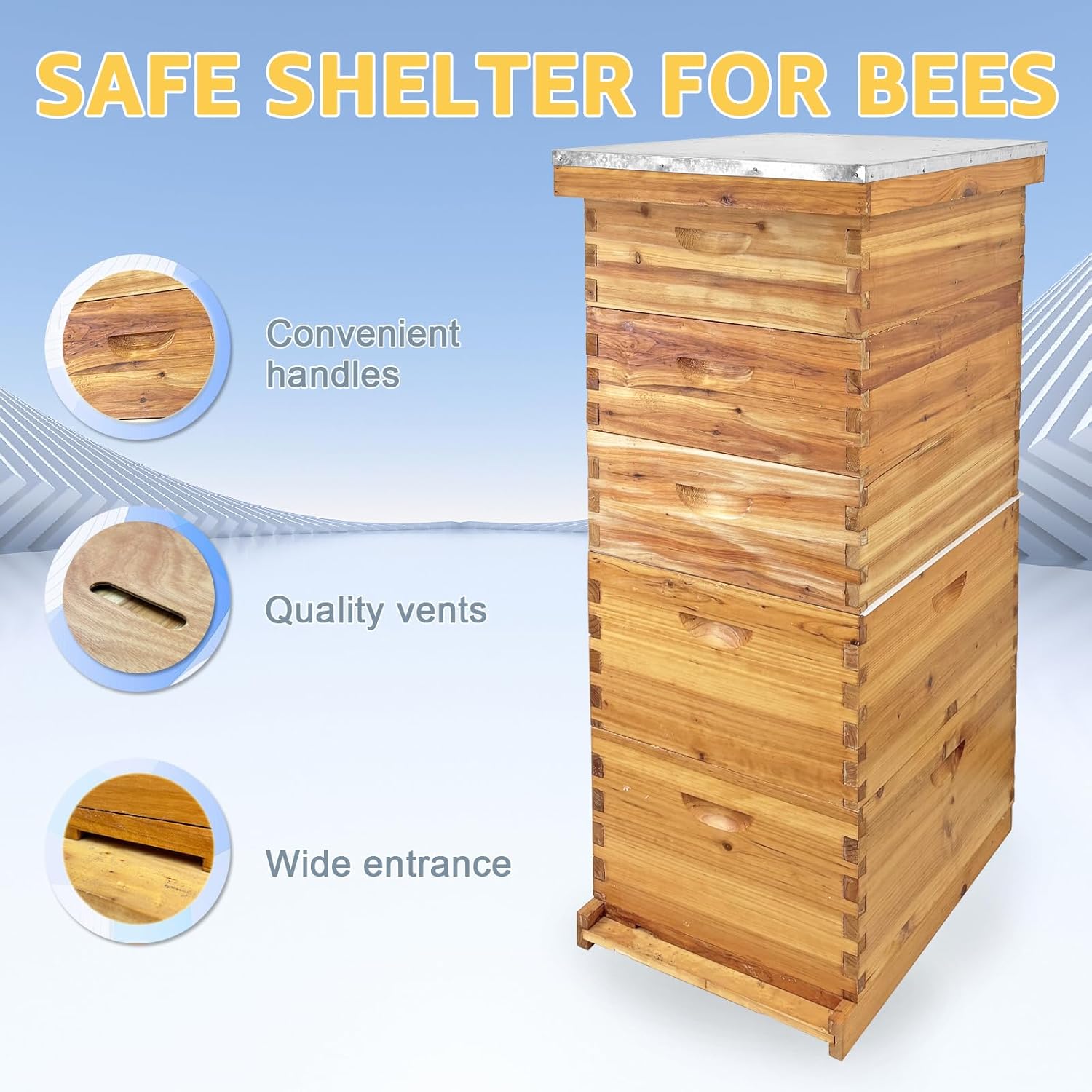 5-Layer Langstroth Bee Hive Kit, 100% Beeswax Coated Wood Beehive Includes 2 Deep Breeding Boxes and 3 Medium Super Boxes, 10-Frame Standard Bee House with Metal Top Cover, No Frames