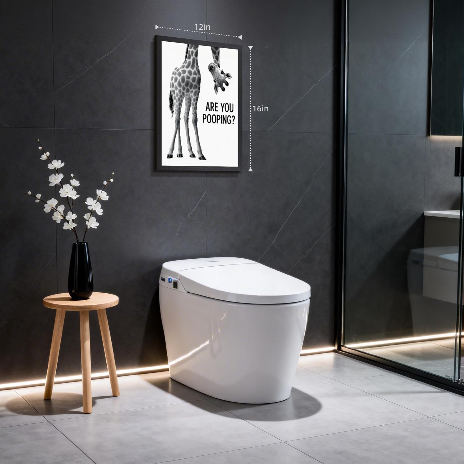 TSTVO Wood Framed Funny Bathroom Wall Art, Rustic Farmhouse Giraffe Wall Decor, Humorous Are You Pooping Canvas Painting, Cute Black White Giraffe Animal Poster Print for Bathroom Restroom 16x24 Inch