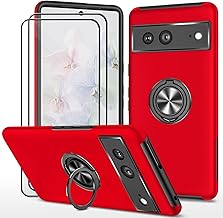 Case for Google Pixel 7 (6.3 Inch) and 2 Piece Tempered Glass Case Cover Ring Stand Shock Resistant Scratch Resistant PC Silicone Heavy Duty Durable - Red