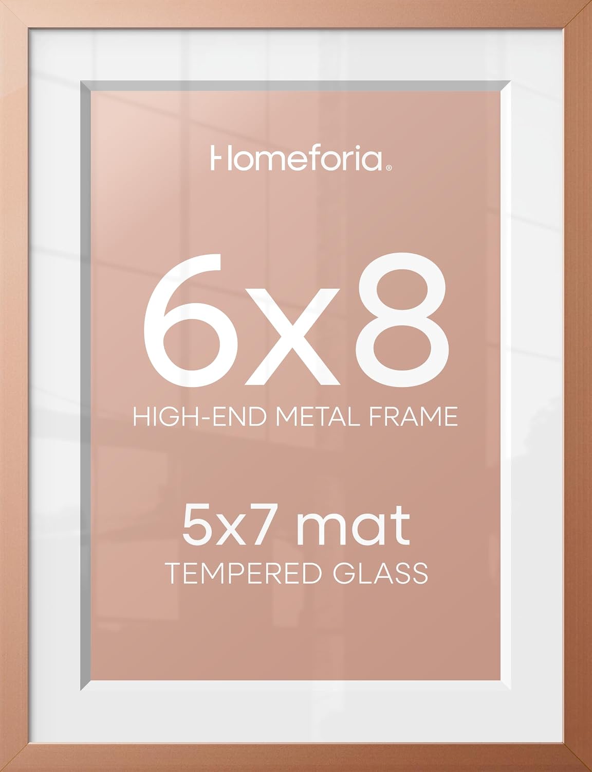 Homeforia Rose Gold 6x8 Picture Frame, High End Metal 6 x 8 Frames with Mat 5 x 7 for Print, 6by8 Desk Frame Matted to 5x7 inch Photo, 6 by 8 Wall or Tabletop Frame, Tempered Glass, Wall Kit, Set of 1