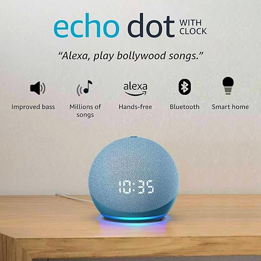 Echo Dot (4th Gen, 2020 release) with clock | Next generation smart speaker with powerful bass, LED display and Alexa (Blue)
