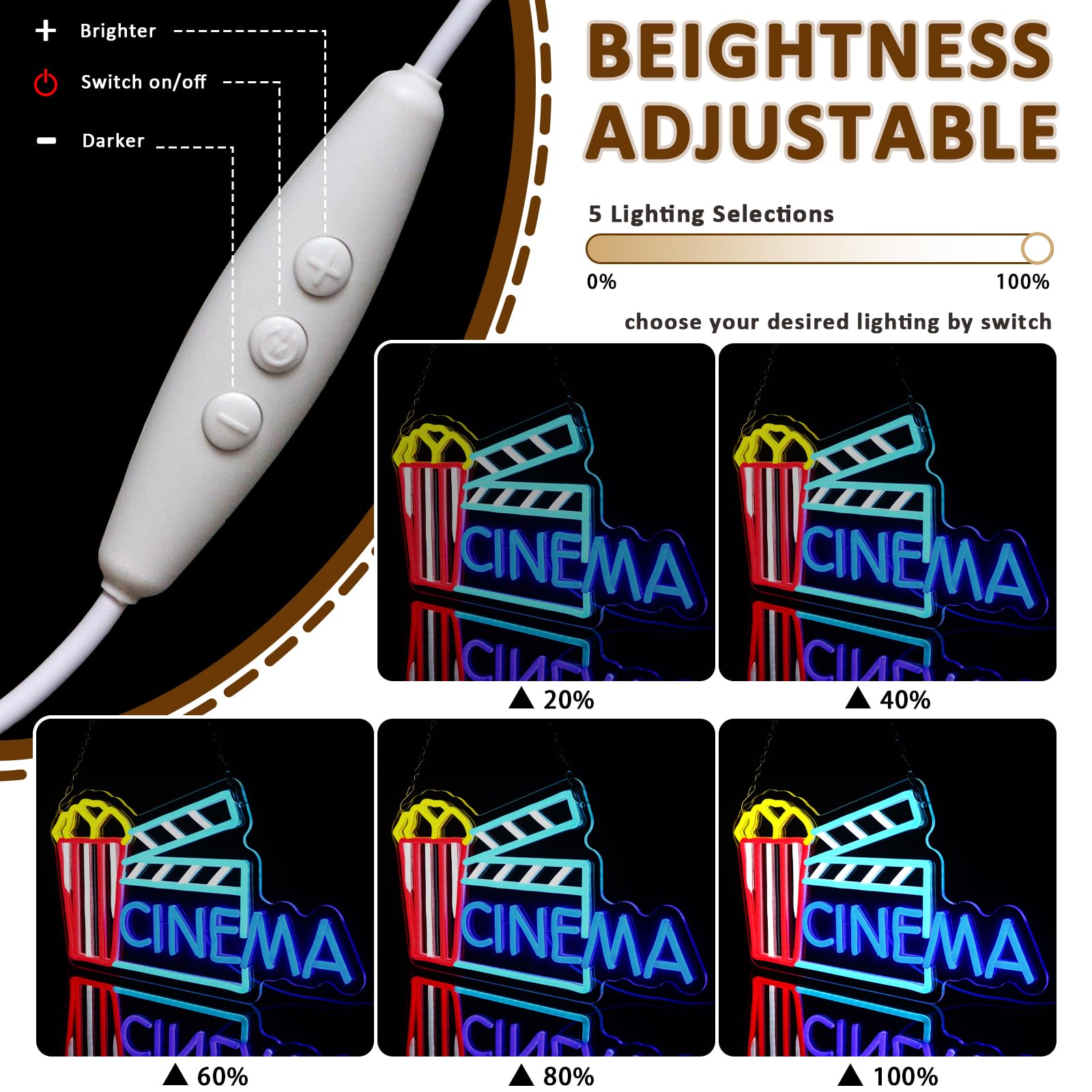 Insegna al neon cinema per decorazione da parete, segni a LED popcorn per film, luci al neon dimmerabili USB per teatro per casa, bar, film, festa notturna, uomo, grotta, snack, decorazione