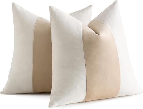 AmHoo Pack of 2 Velvet Panel Cotton Pillow Covers Decorative Pillowcase Cushion for Couch Sofa Bedroom 18 x 18-Inch Beige
