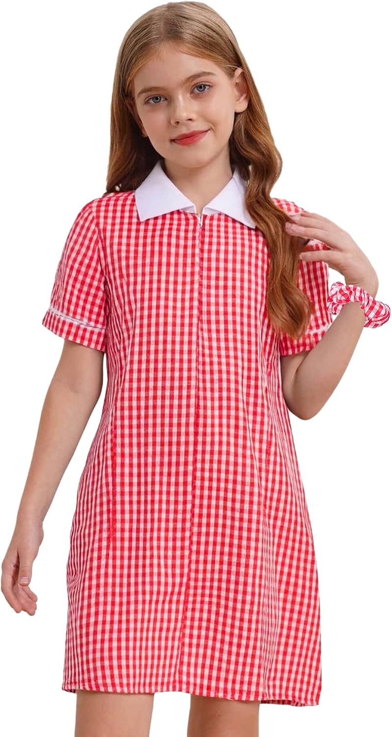 FEESHOW Kids Girls Short Sleeve Gingham Plaid Summer Dress School Uniform Dress with Hair Scrunchies Casual Outfits