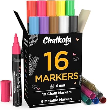 Chalkola 16 Liquid Chalk Pens for Chalkboard, Blackboard 6mm Tip | Washable Chalk Markers for car Window, Glass, Bistro, Mirror, Wall Calendar, Menu Board - Erasable Chalkboard Markers