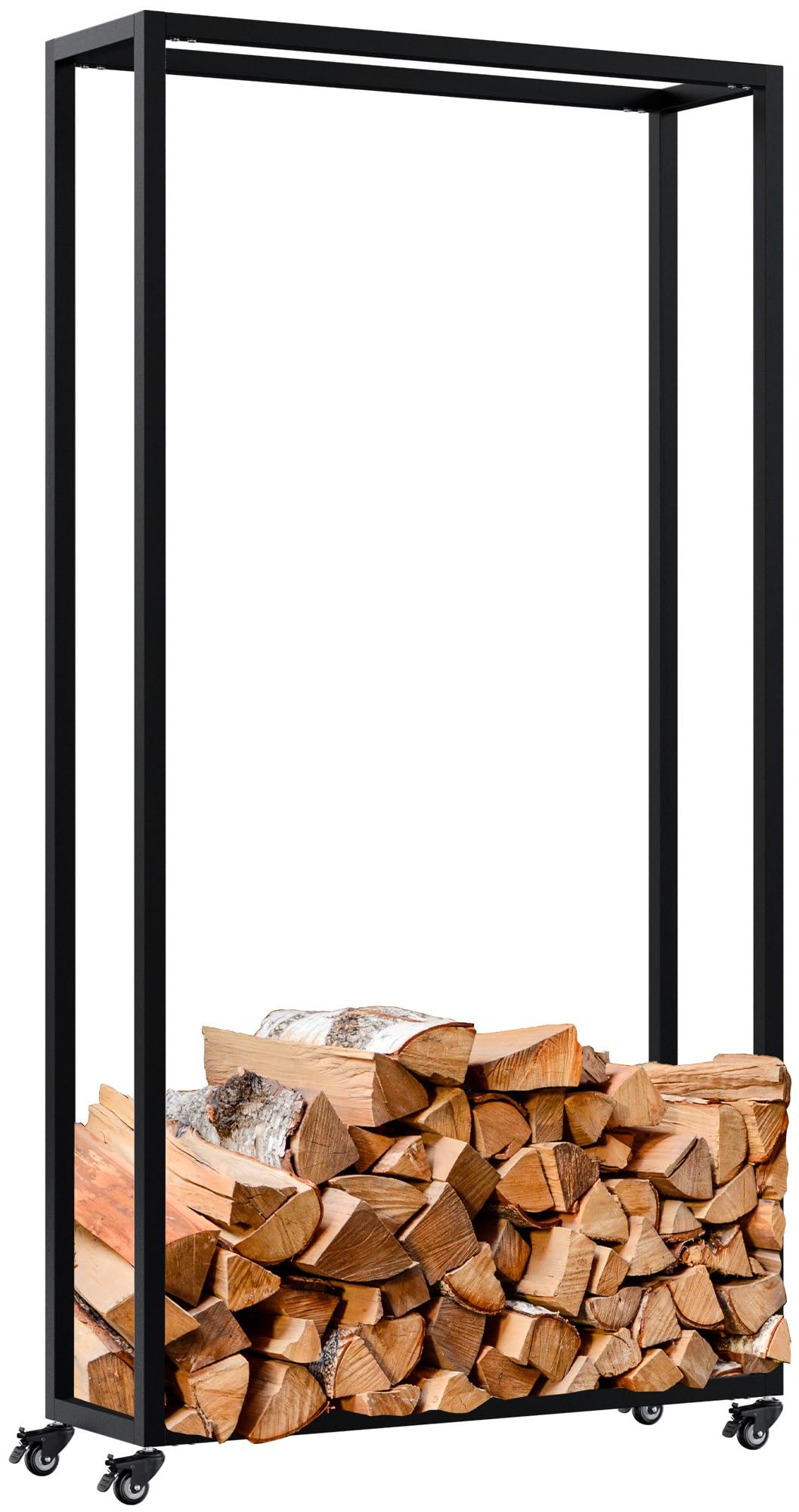 CLP Leñero metálico Interior con Ruedas Hilta, Soporte para Troncos de Metal Resistente, Almacenamiento de leña en el salón, Color:Negro, Tamaño:25x80x150 cm