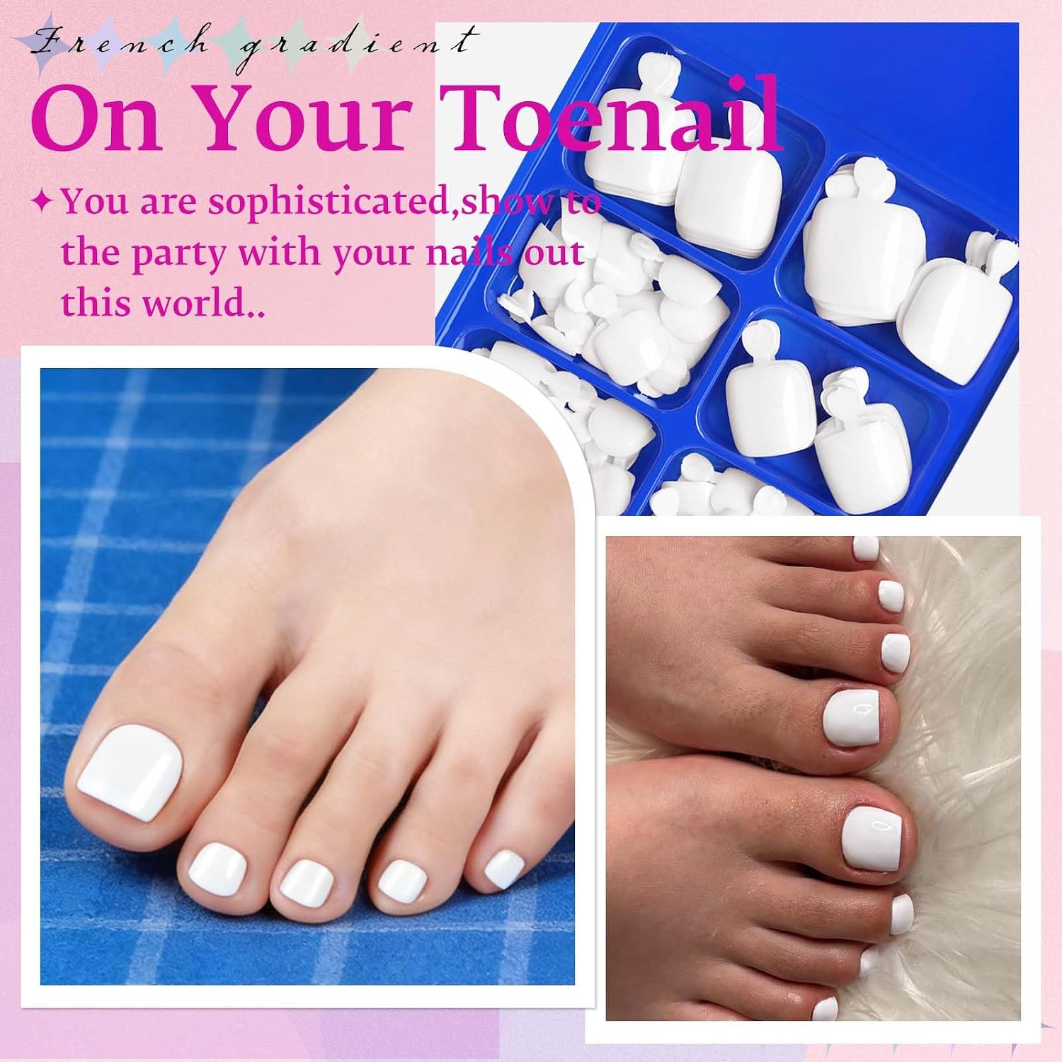 144pc White Press on Toenails Women Toe Nail Press ons, White Toe Press on Nails Fake Toenails Square Fake Toes Nail Tips Glue on Toenail False Nail Feet Stick Acrylic Toes Nails Kit with Glue Tab