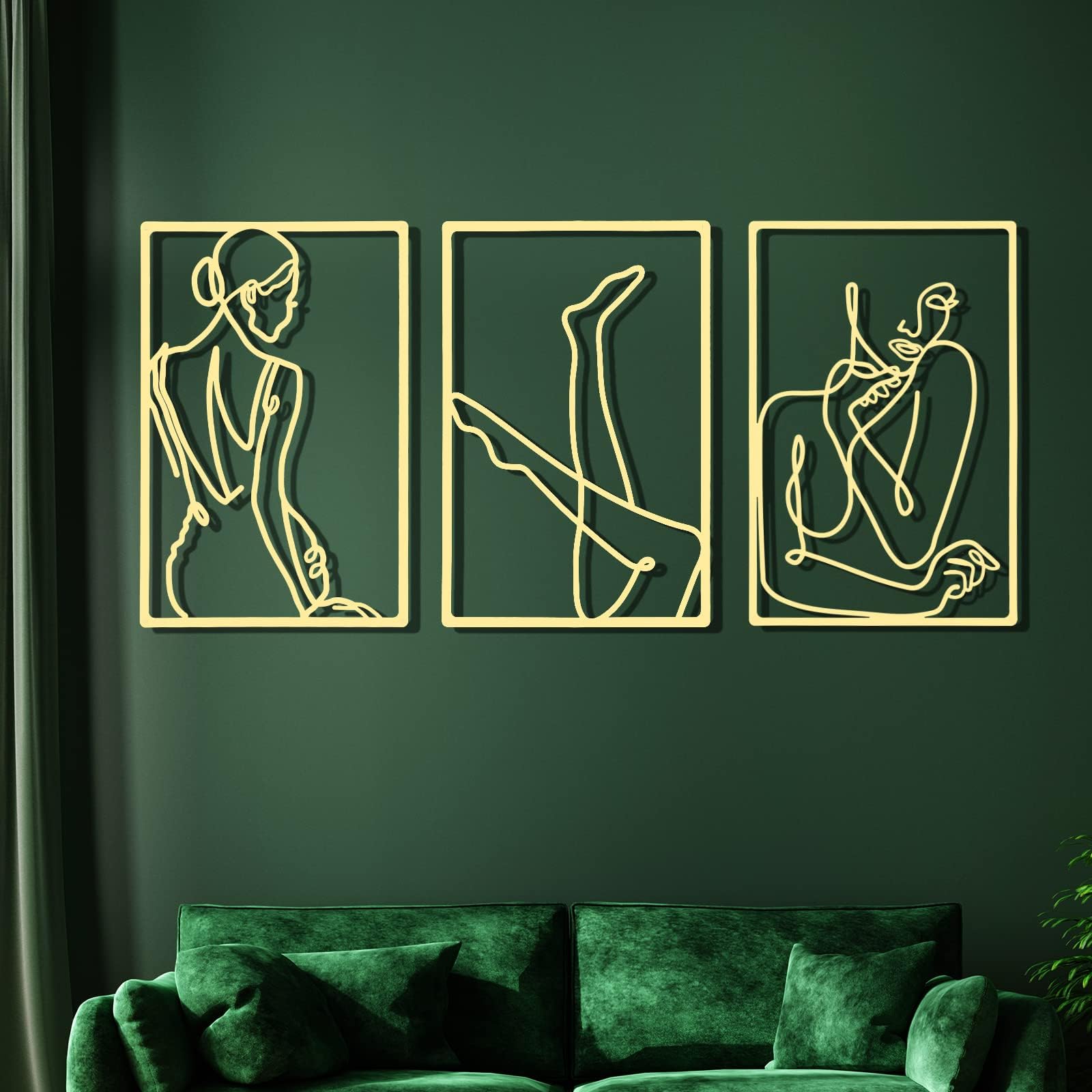 CHENGU 3 Pieces Gold Wall Decor Minimalist Wall Art Metal Line Wall Art Wall Decor for Bedroom Single Line Female for Kitchen Bathroom Living Room(Vivid Style)