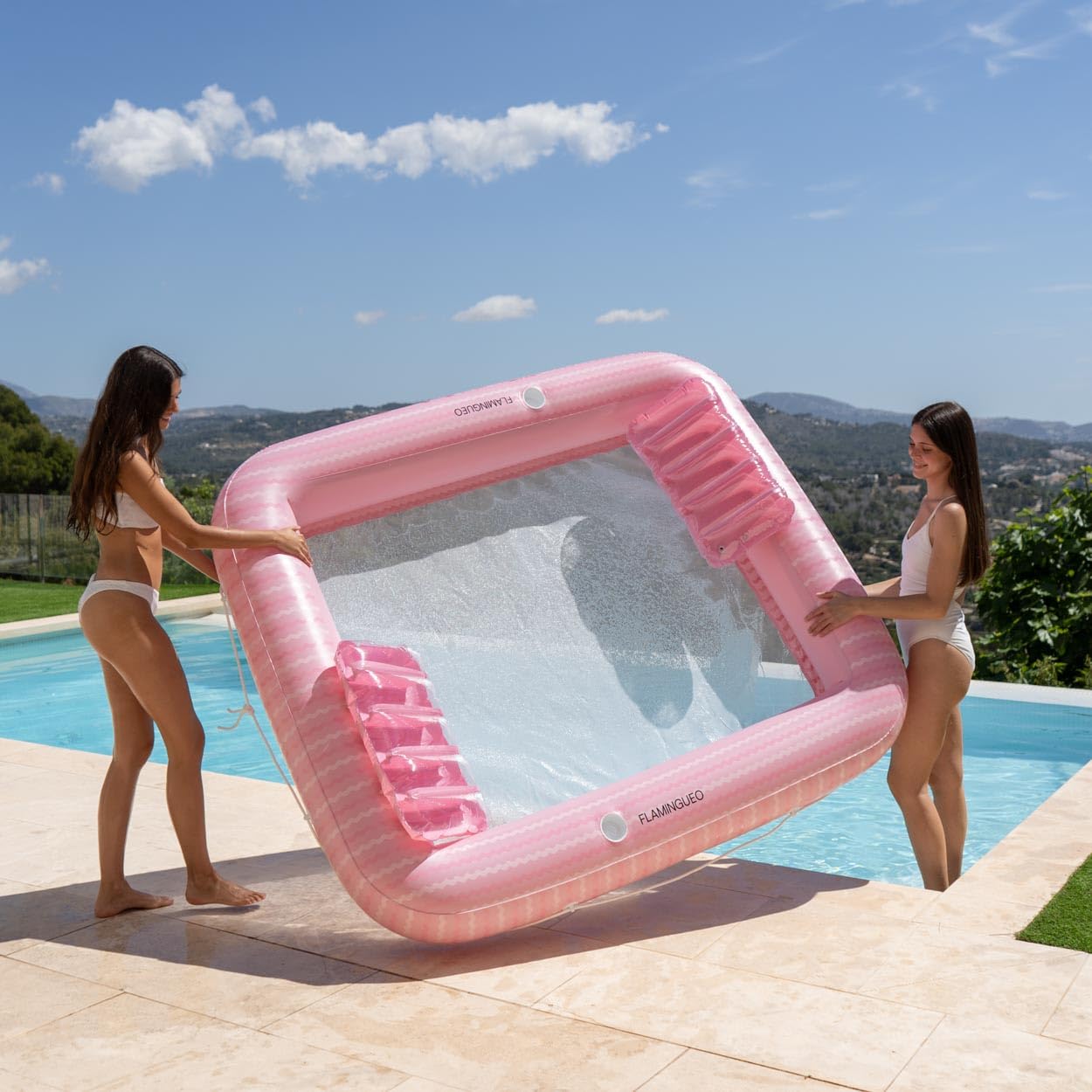 Flamingueo Bouee Piscine - Matelas Piscine - Taille Extra Large - Base en Grille - Deux Porte-Boissons - Deux Oreillers Amovibles