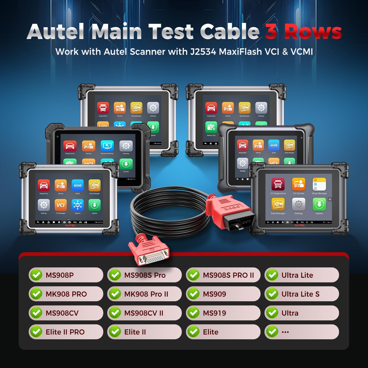 Autel Original OBD2 Haupttestkabel 1.5M 3 Reihiger, 16 Poliger OBDII Diagnosestecker, Nur für MaxiSys MS908P MS908S PRO II MK908 PRO II MS909CV EU Elite II PRO MS909 MS919 Ultra Lite Ultra