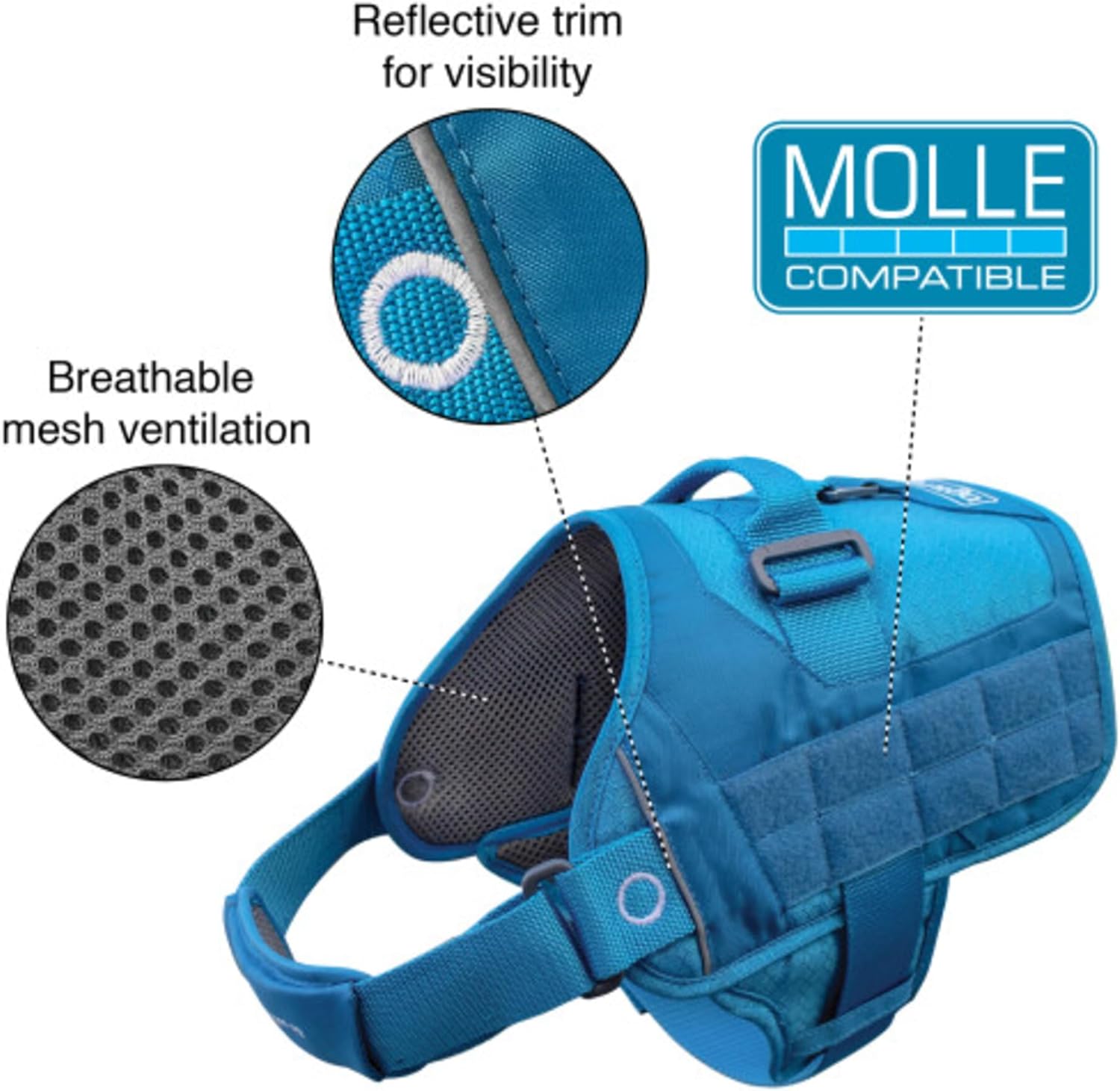Kurgo RSG Dog Townie Harness - Easy On-Off for Quick Outings - Breathable Mesh - MOLLE-Compatible for Clip-On Accessories - Top Handle - Reflective Trim - X-Large - Coastal Blue