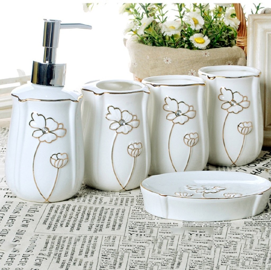 Estilo Europeo 5 Piezas de cerámica Conjunto de baño Suministros para el baño Soporte para cepillos de Dientes dispensador de jabón Soporte de jabón Enjuague Taza Juegos de Accesorios de baño