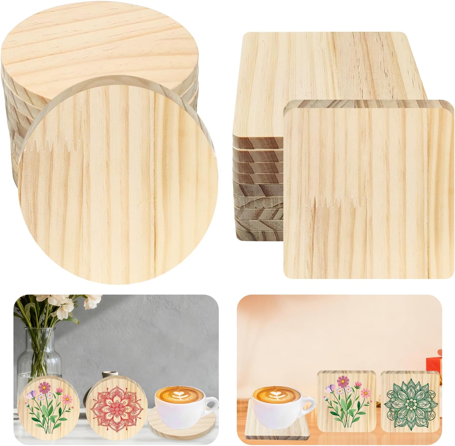 20 Pcs Unfinished Wood Coasters for Crafts Square Round 4 Inch Blank Tabletop Wooden Coasters Protection with Non Slip Foam Pad for Crafts DIY Painting Engraving Home Decoration