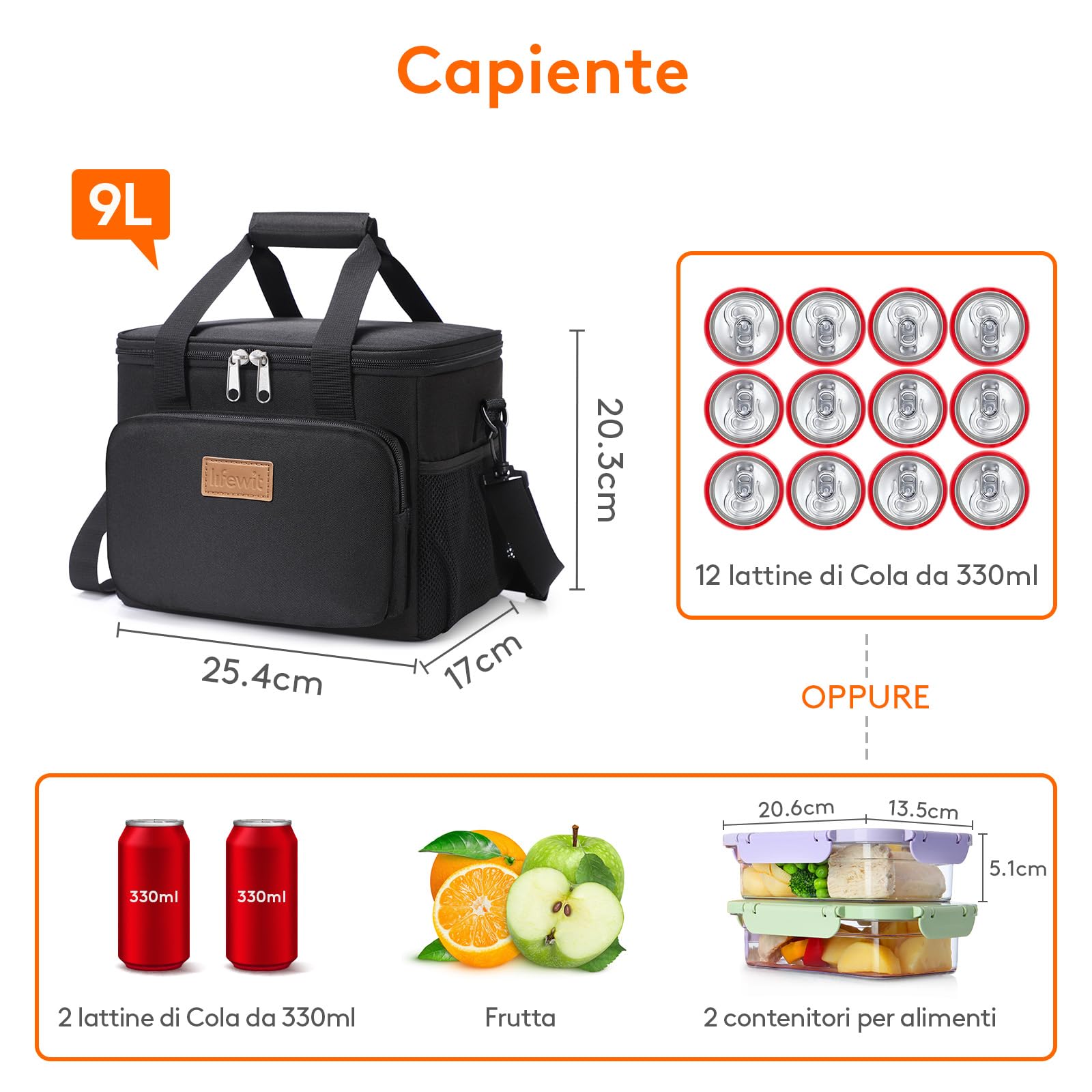 Lifewit Borsa Termica Porta Pranzo 9L(12 Lattine), Medio Borse Frigo Pranzo Ufficio per Uomo e Donna, Lunch Bag per Lavoro, Mare, Viaggio, Spiaggia, Nero